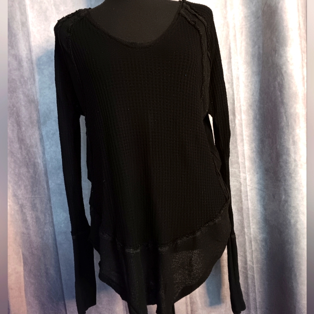 We The Free Free People Black Waffle Knit Thermal Raw Seam Top Small
